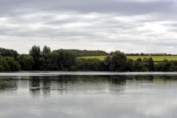 A view over Kinewell Lake with trees and fields on the far side all under an overcast grey sky.